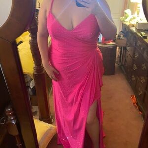 La Femme Pink Ruched Slit Gown